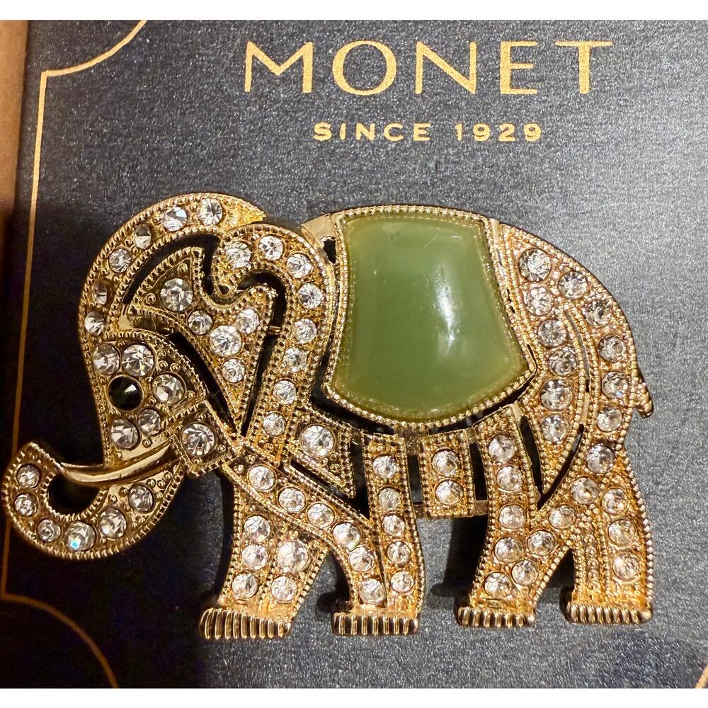 Vintage Signed Monet Gold Tone Rhinestone Elephant Brooch NIB